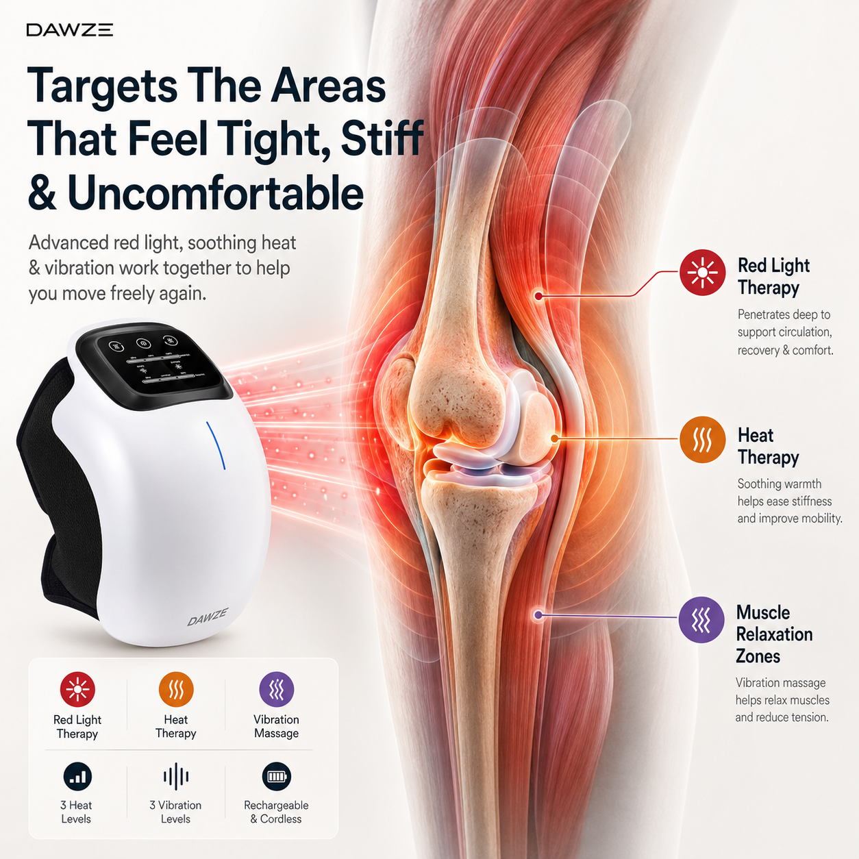 DAWZE KneeRevive™ — 3-in-1 Heat, Red Light & Massage Therapy